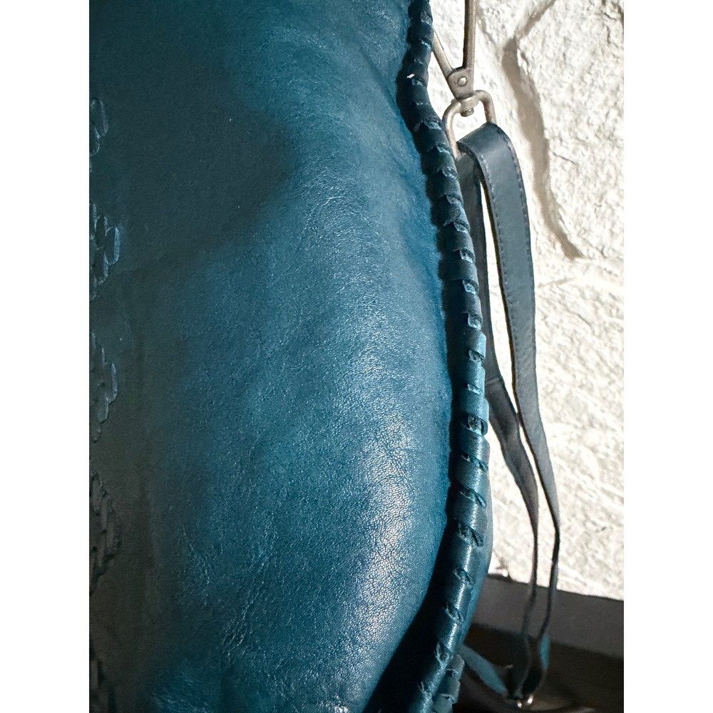 Vintage Latico Teal Leather Handbag Whipstitch Crossbody Tote Geometric Detail - Picture 14 of 17